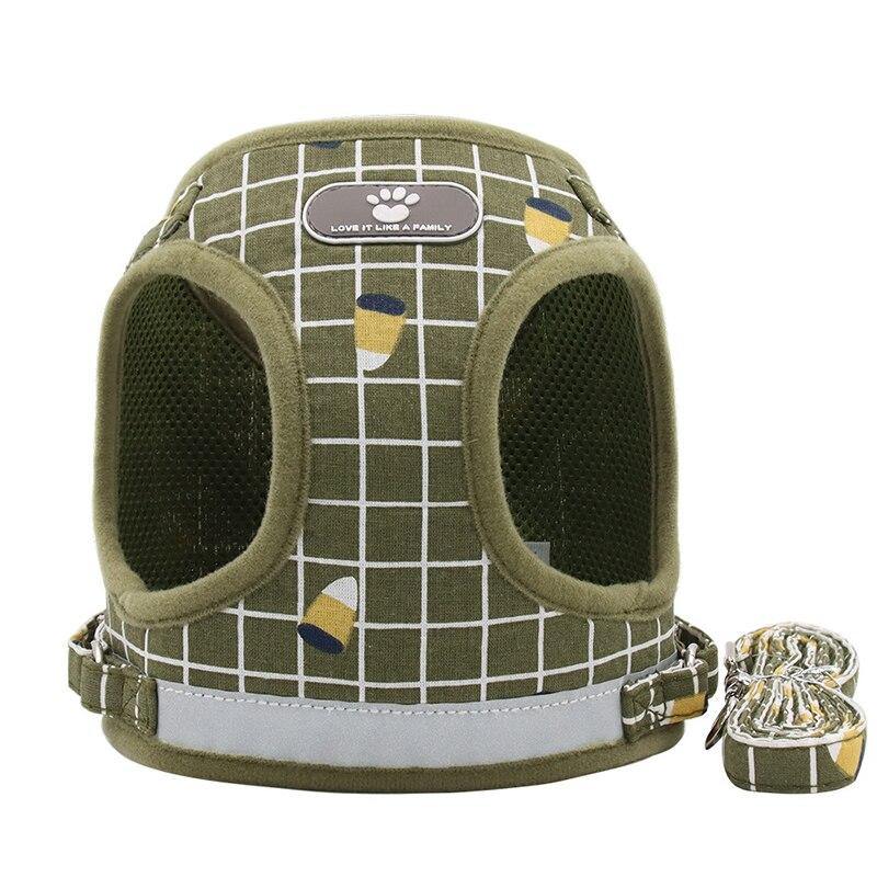 Grid-Pattern Dog Harness and Leash Set